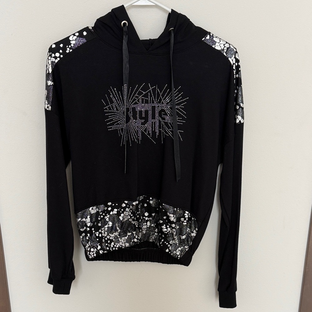 Stylish Women’s Black Graphic Hoodie with Silver Accents Size S
